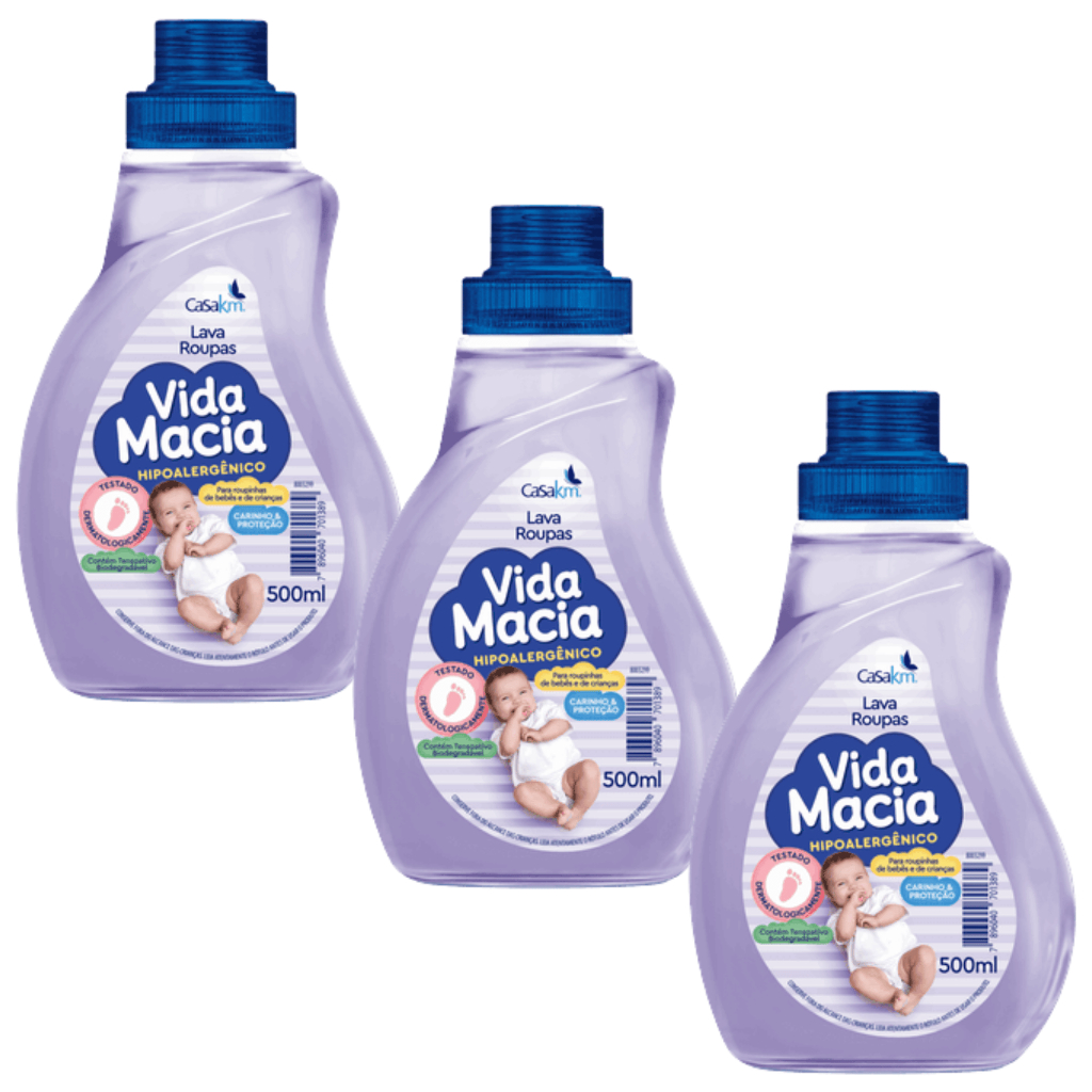 KIT Lava Roupas Vida Macia 500ML Carinho & Proteção Hipoalergênico Sabão Líquido Roupinhas Bebê