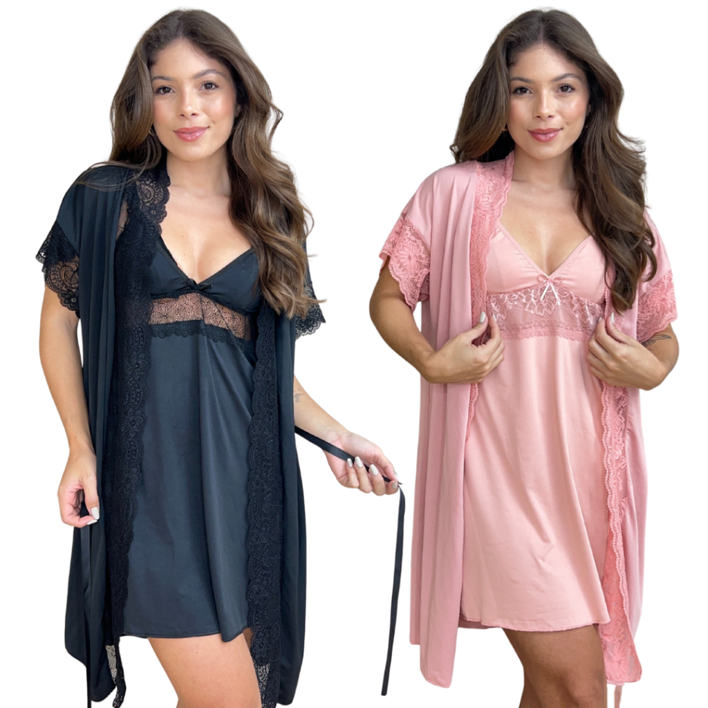 Kit 2 Camisola de Amamentação e 2 Robe Pós Parto Saída Maternidade Pijama Confortável Gestante Hobby