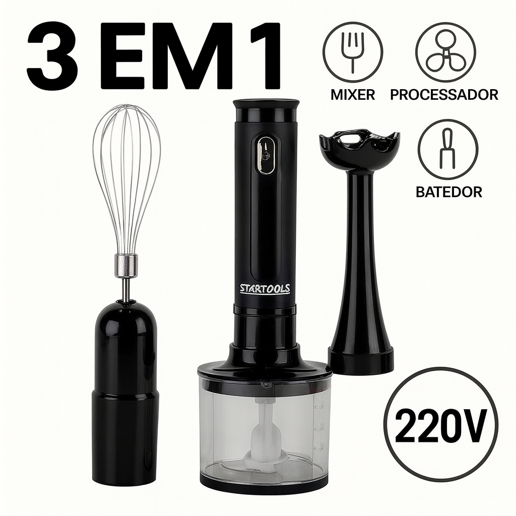 Kit 3 Em 1 Mixer Processador Batedor Alimentos Vitamina Receitas Multiuso Cozinha Restaurante