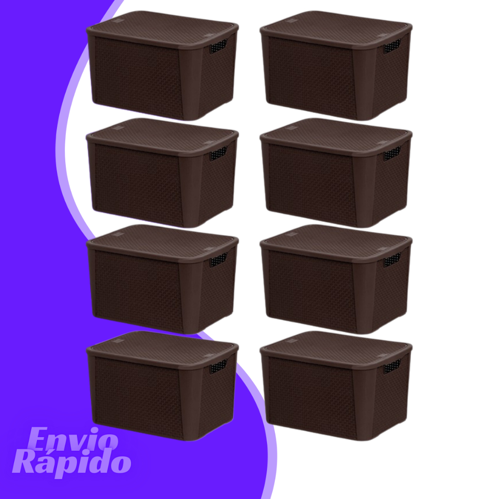 Kit 8 Caixas Organizadora Rattan Com Tampa 40 Litros Grande Empilhavel Cores Cesto Plastico Multiuso