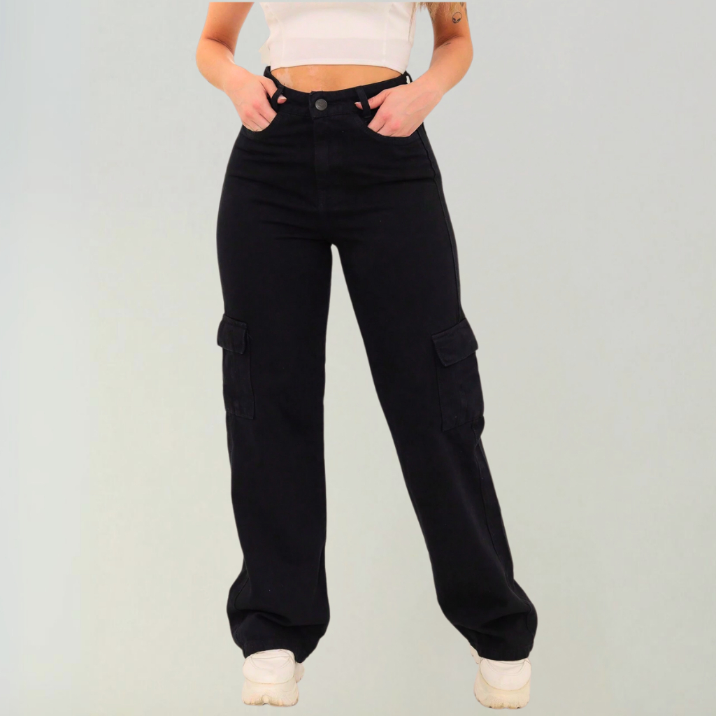 Calça Cargo Feminina Preta Jeans Original  Wide Leg Cintura Alta 34 Ao 44 + 5 Cores