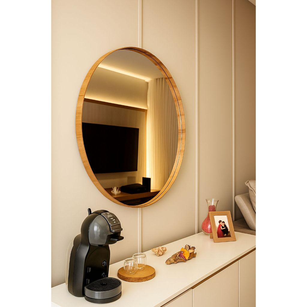 ESPELHO REDONDO COM BORDA DE MADEIRA CINAMOMO LINHA ALTA GRANDE