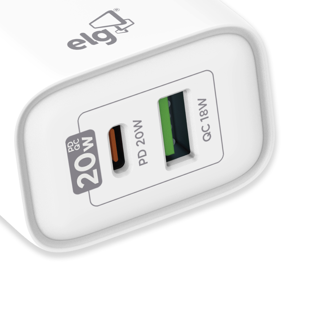 Carregador Universal, USB-C PD 3.0A + USB-A QC 3.0 18W, Carga Rápida, Branco, WC2S-PDQC, ELG em Oferta na Shopee