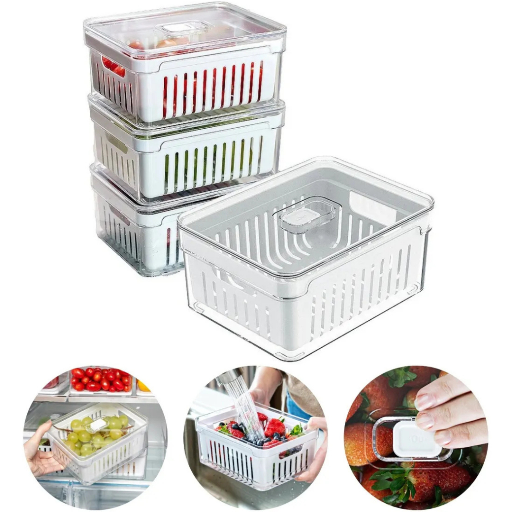 Kit 4 Organizadores Geladeira Acrílico 2,2L Tampa Cesto Drenagem Frutas Legumes Verduras Alimentos
