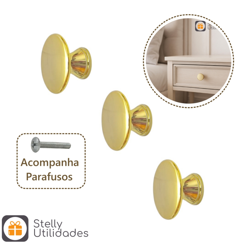 Puxador Metal Móveis Gaveta Dourado Brilhante Ponto Botão Armário Cômoda Dourado Gold Kit (2/4/6/8/10)