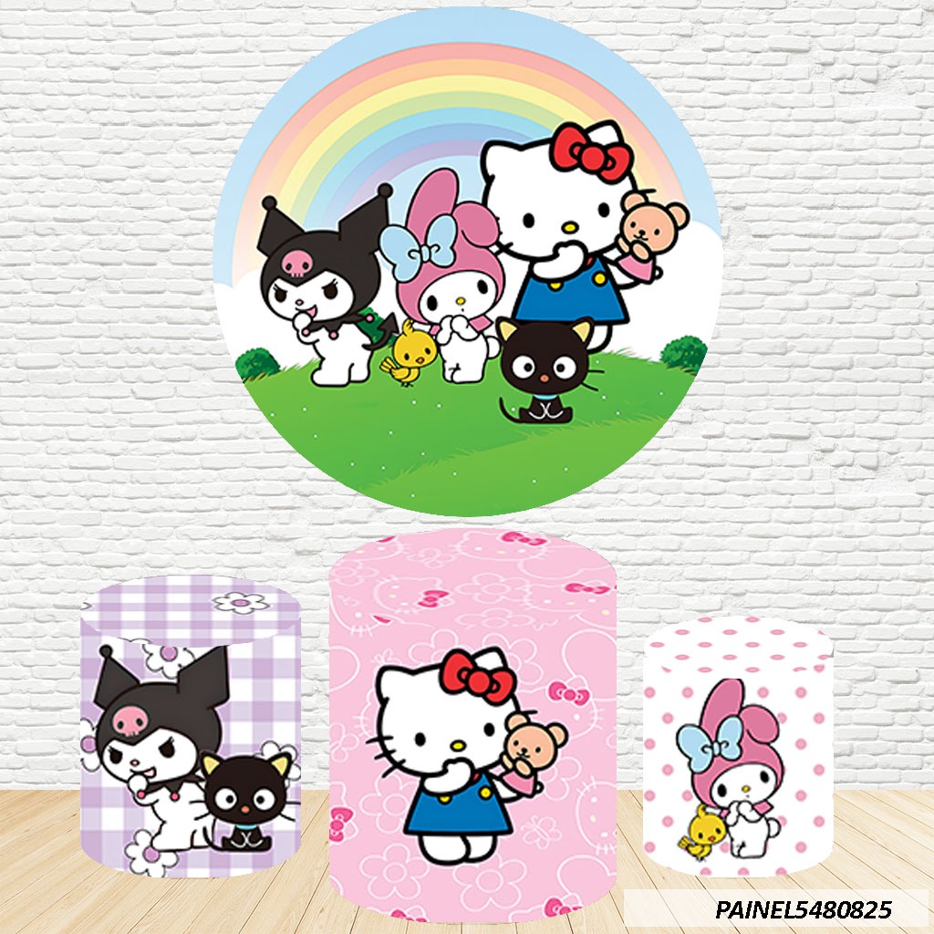 Kit de Capas Painel Redondo Sublimado Hello Kitty 1,50M + Trio Capas de Cilindro C/Elástico em Oferta na Shopee