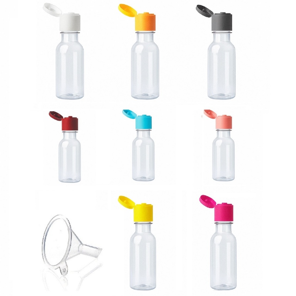 Kit 100 Mini Garrafinhas Funil Pet flip tampa 50ml Lembrancinha Garrafa alcool creme bebe revelação