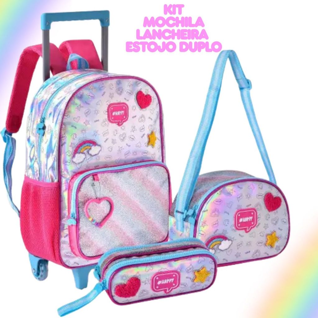 Kit Mochila de Rodinhas Estojo Duplo e Lancheira Térmica Escolar Happy Sol Estrela Coração Holográfica Glitter Clio