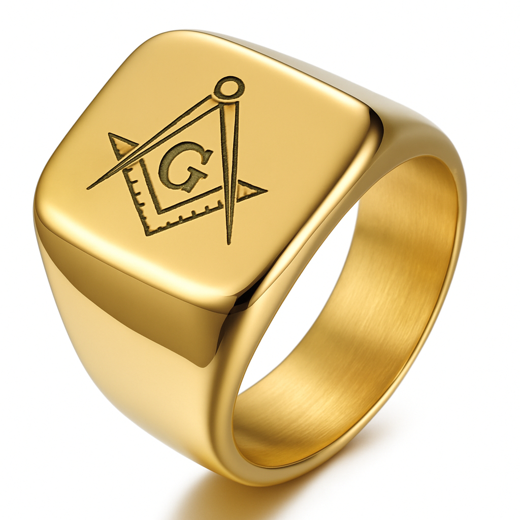 Anel Masculino Maçônico Ouro 18k Esquadro Compasso Sinete Comendador Grande Luxo Anatômico Design Imponente Original