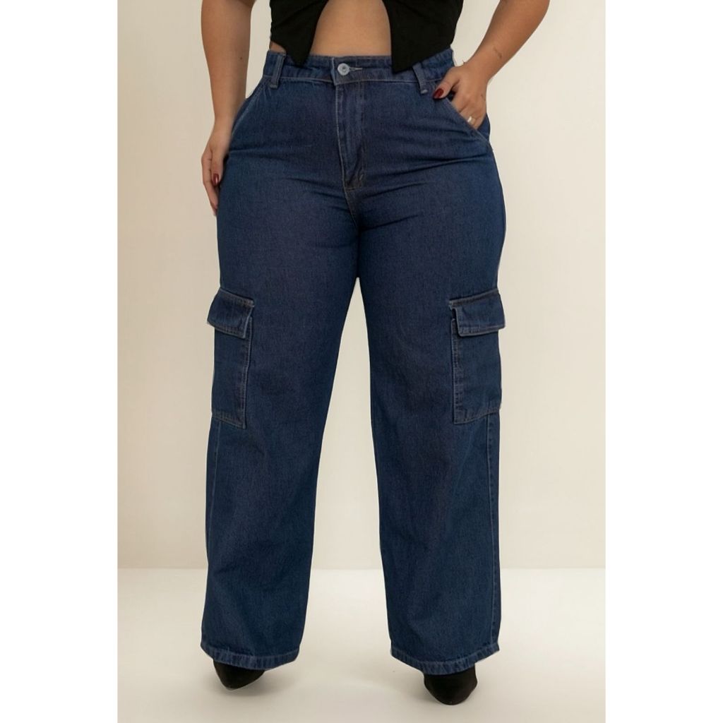 Calça jeans cargo wide leg PLUS SIZE- cintura alta/bolsos laterais/ feminina/pantalona