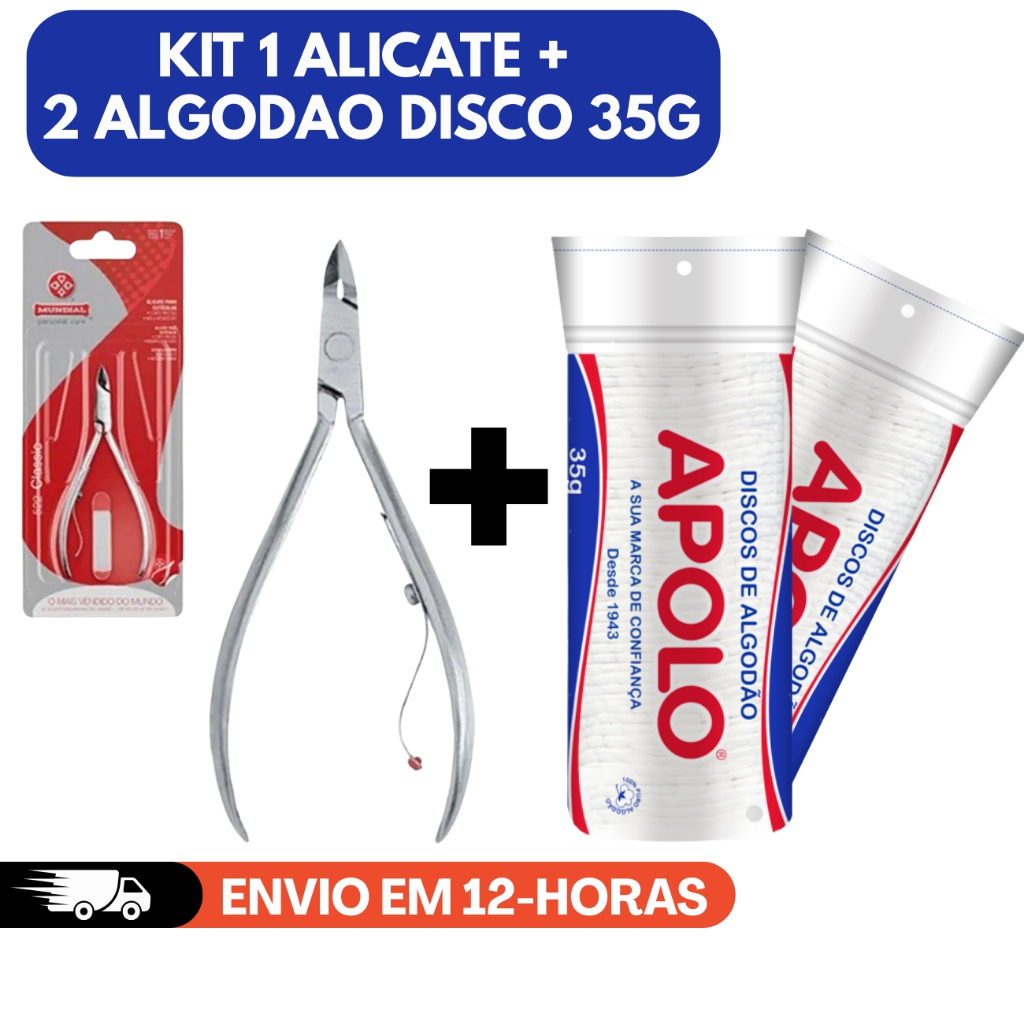 KIT ALICATE DE CUTÍCULA MUNDIAL 522 INOX + 2 ALGODÃO EM DISCO APOLO 35G MANICURE PEDICURE SALAO