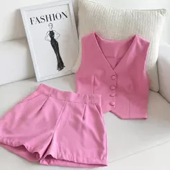 CONJUNTO FEMININO SOCIAL VERSATIL - COLETE E SHORT ELEGANTE MODA CHIC