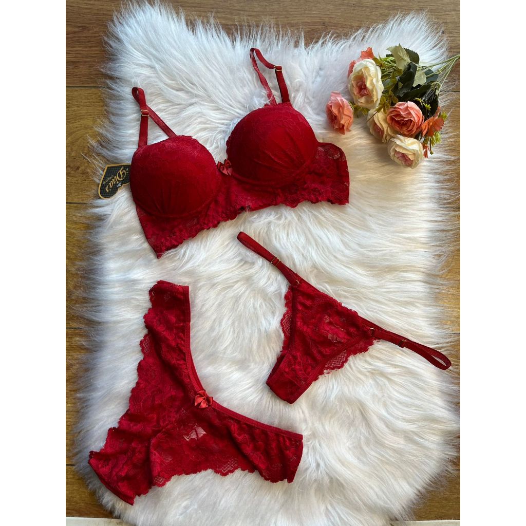 Conjunto Lingerie 3 peças Feminino Renda REF 073 em Oferta na Shopee