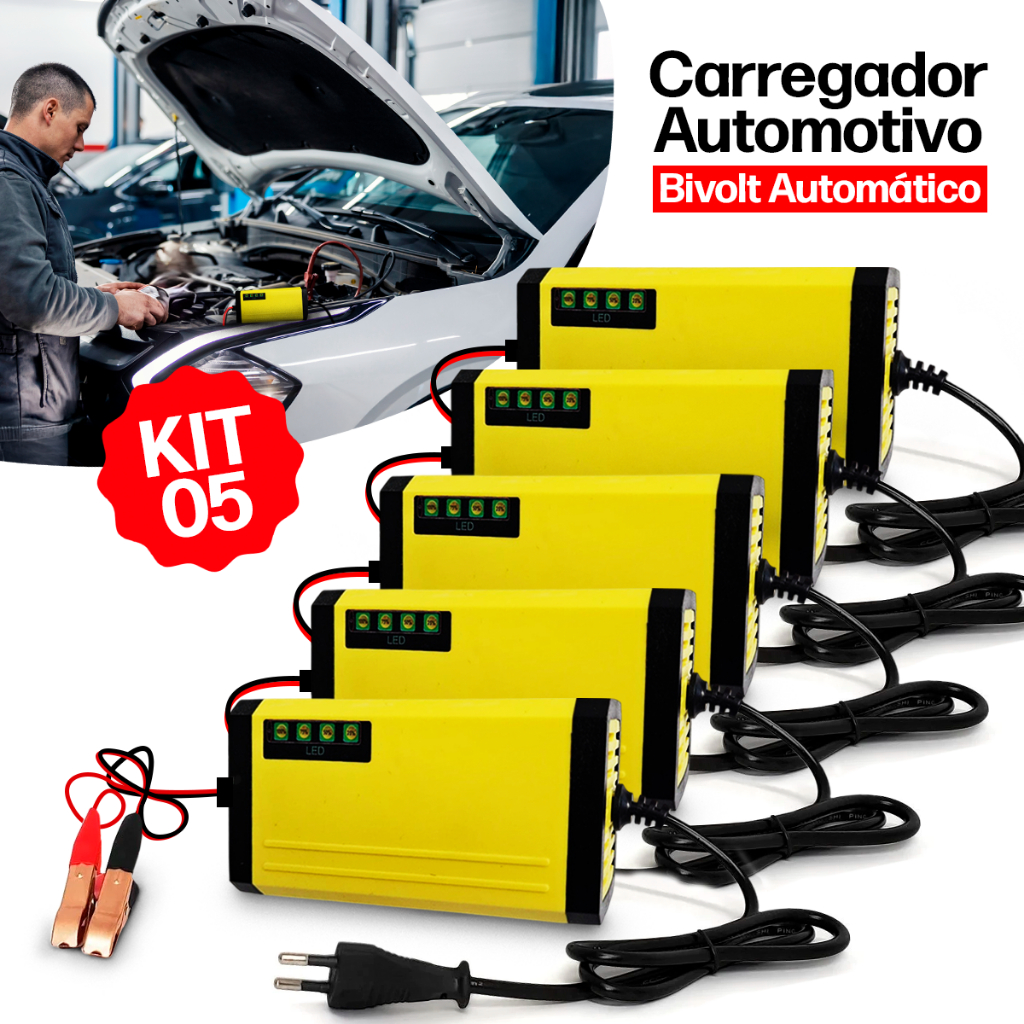 Kit 5 Carregador de Bateria Chupeta Automotivo Carro Moto Tomada Fonte 12v Cabo Automotiva Smart