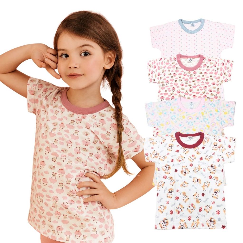 Kit 4 Camiseta Infantil Menina – 100% Algodão | Estampas Sortidas | Tamanhos 1 ao 3