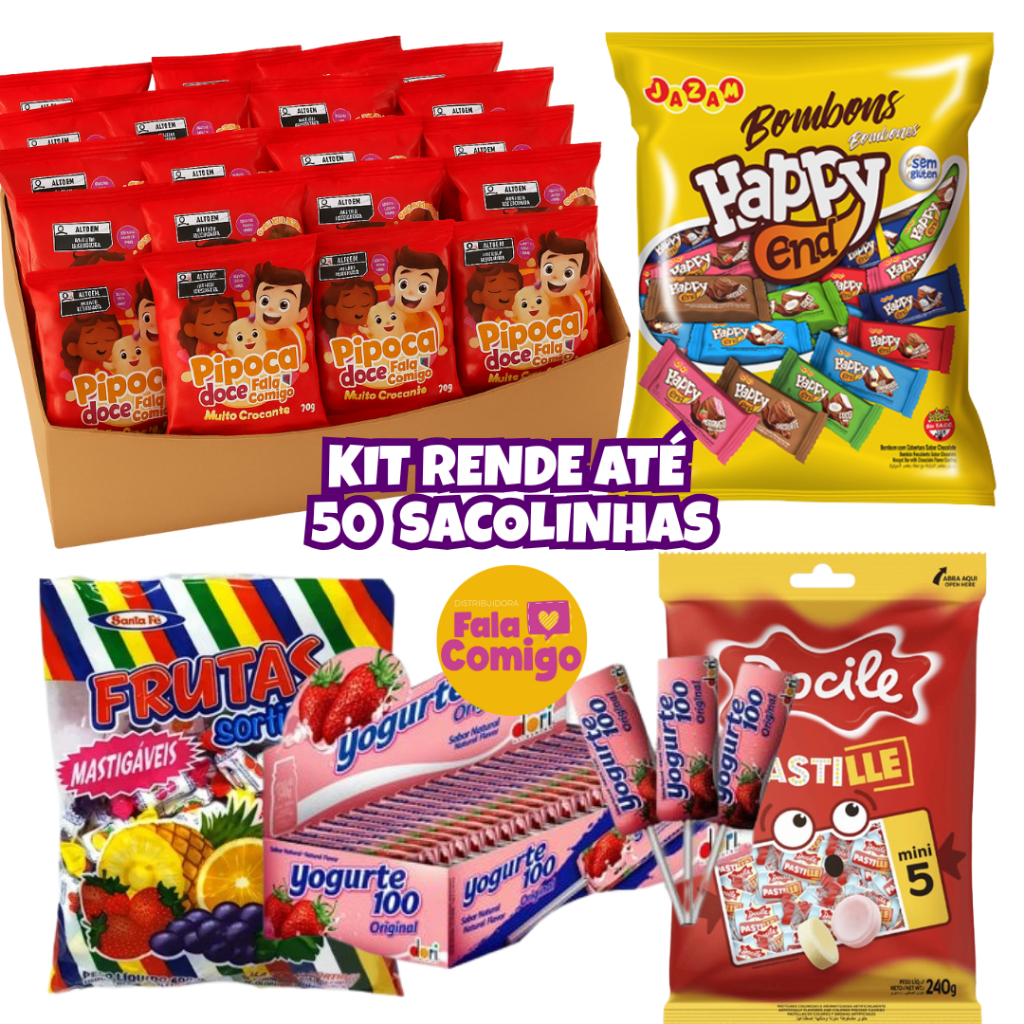 Kit 5 Guloseimas Rende 50 Sacolinhas Festa Infantil Pipoquinha Pirulito Bala Pastilha Bombom