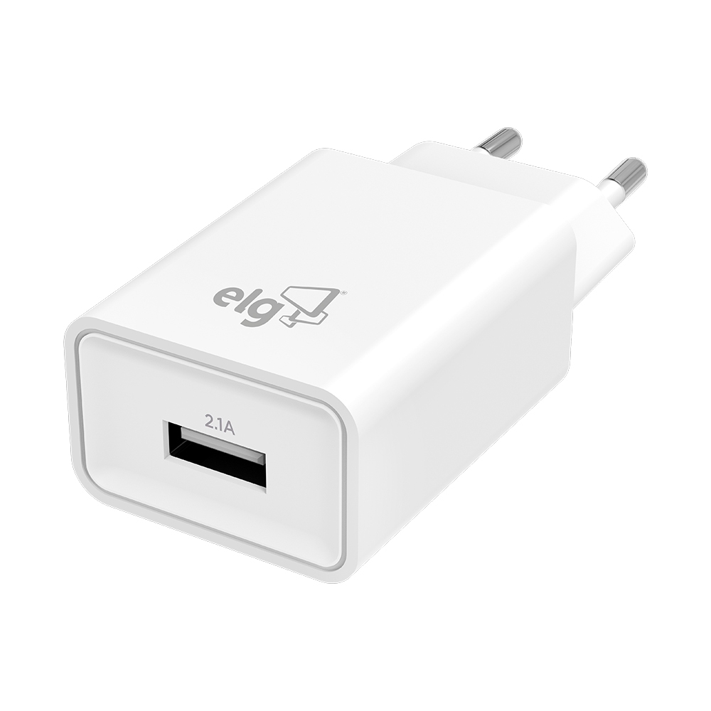 Carregador USB Universal, 1 Porta USB 2.1A, Carga Rápida, Proteção Inteligente, Branco, WC1A, ELG