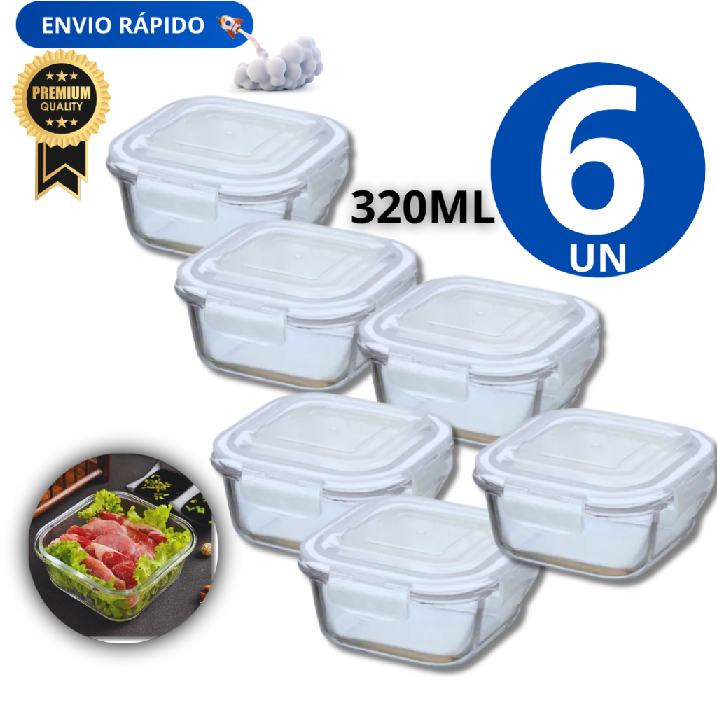 Kit 06 Pote 320 ML Hermético De Vidro com trava e vedação De Silicone  quadrado Variáveis Utilidades Multiuso Premium