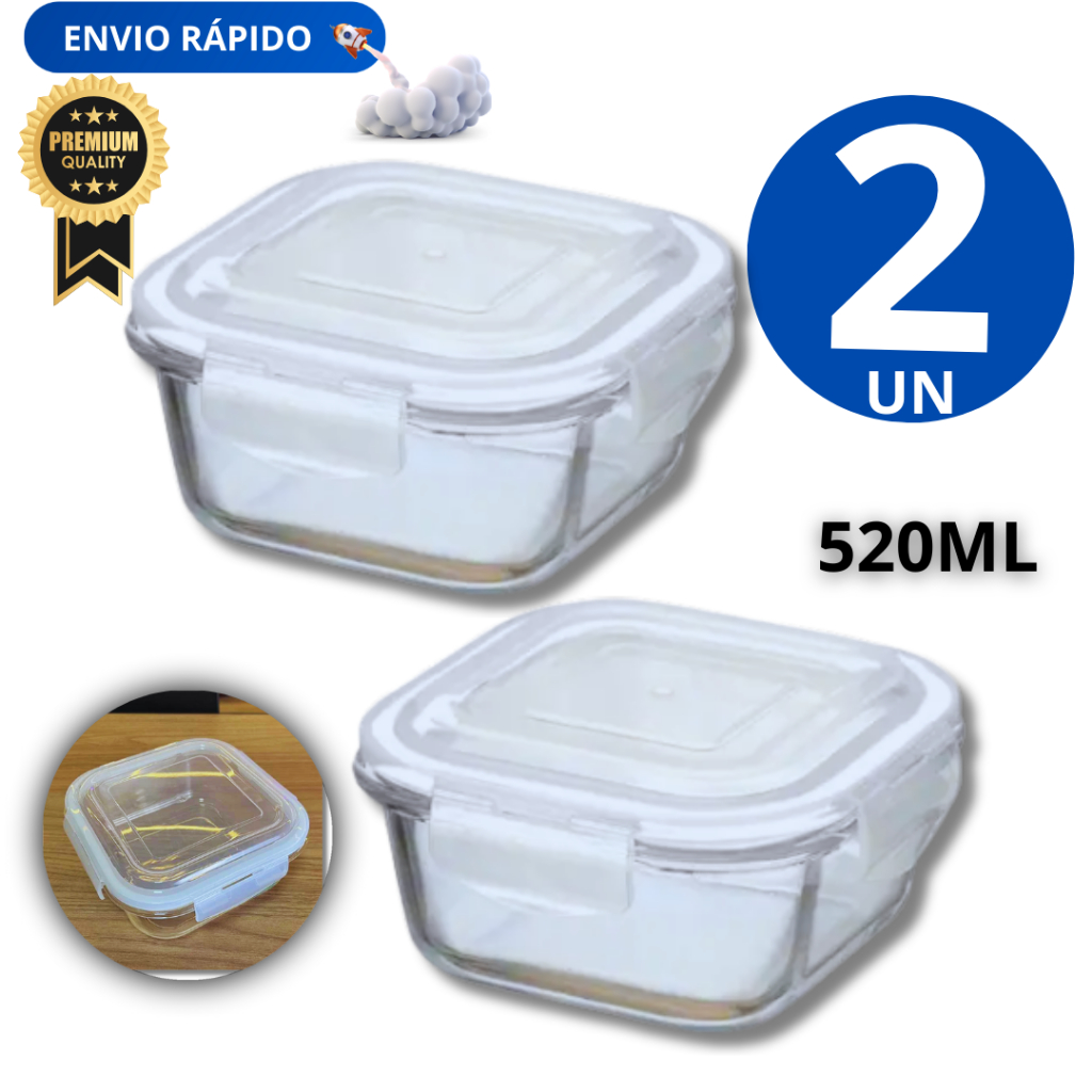Jogo 02  -  Pote 520 ML Hermético De Vidro com trava e vedação De Silicone  quadrado Variáveis  Utilidades