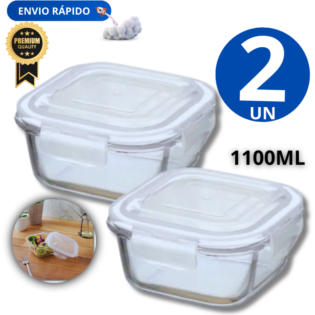 02  Potes 1100ML Hermético De Vidro com trava e vedação De Silicone  quadrado  Multifuncional Premium Utilidades