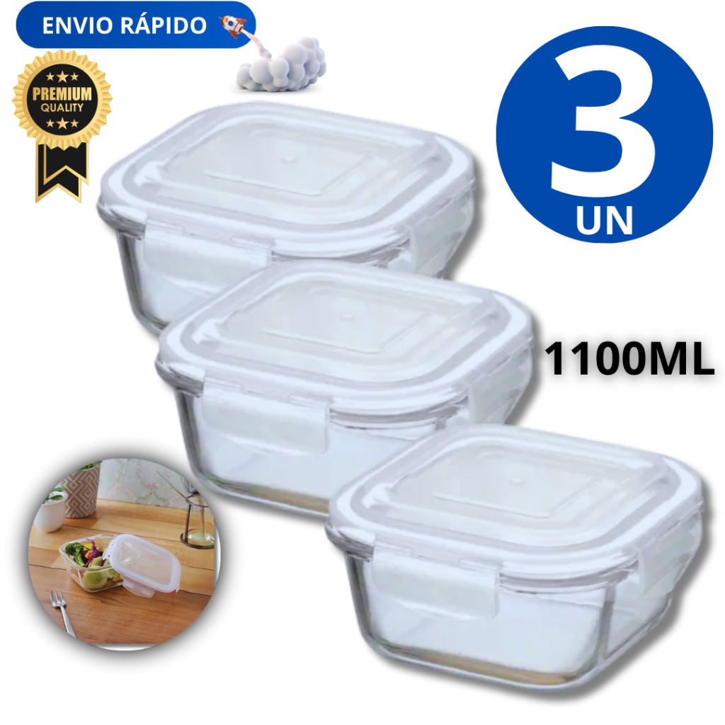 Jogo 03 -   Potes 1100ML Hermético De Vidro com trava e vedação De Silicone  quadrado  Multifuncional Premium Utilidades