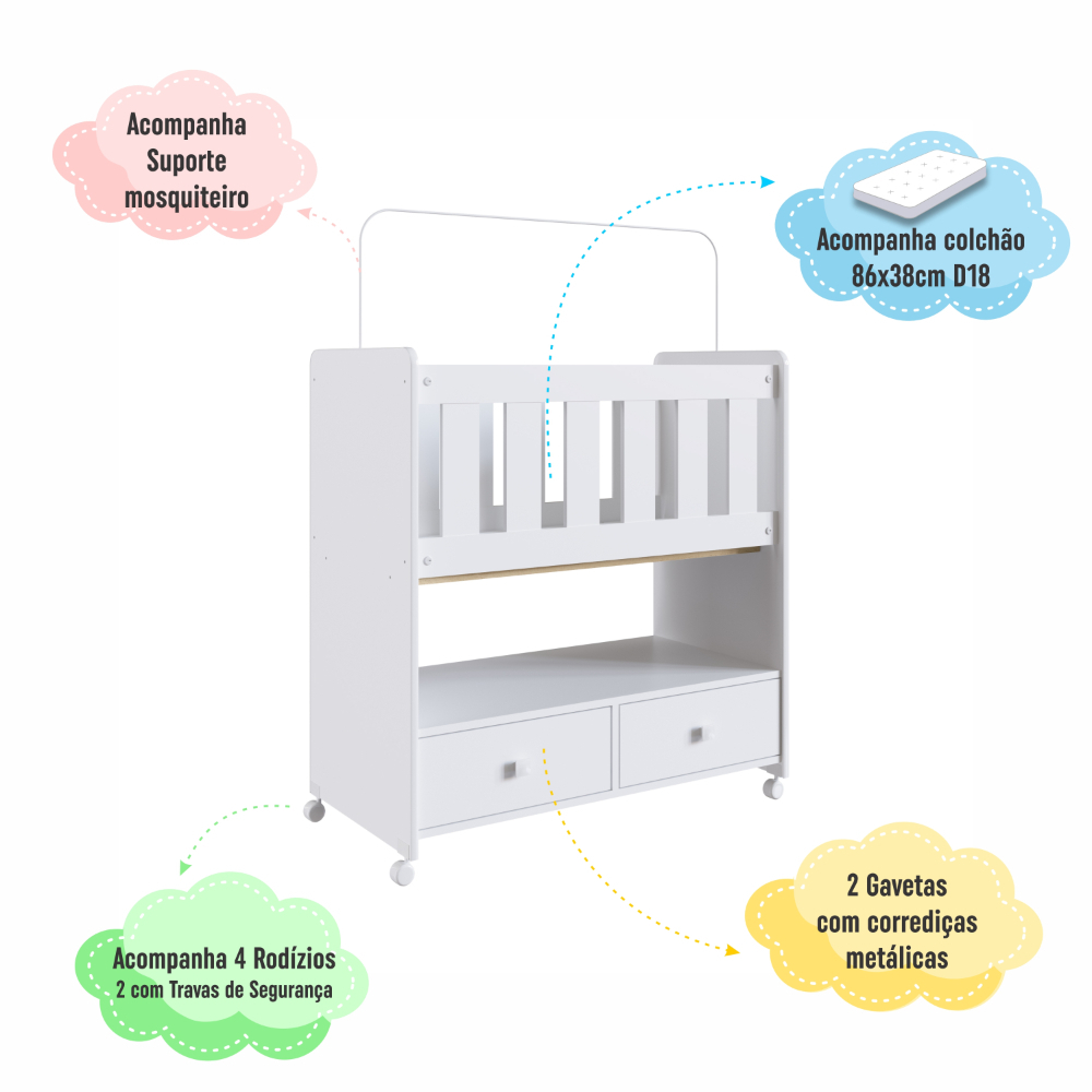 Mini Berço Lateral Auxiliar Móvel com rodinhas 2 Gavetas Com Colchão Moisés - Branco em Oferta na Shopee