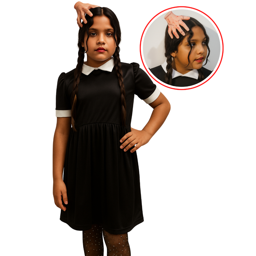 Kit Fantasia Infantil Completa Vestido Wandinha Addams + Mãozinha Vandinha Fantasia de menina