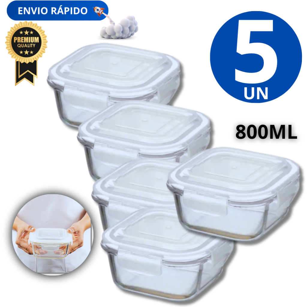 Combo Especial 05 Peças  -  Pote Potes 800 ML Hermético De Vidro com trava e vedação De Silicone  quadrado  Utilidades