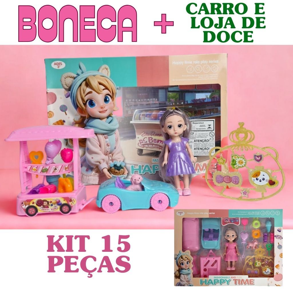 Kit Boneca Com Carrinho Conversível Lojinha De Doces  Acessórios Brinquedo Menina Casinha De Boneca