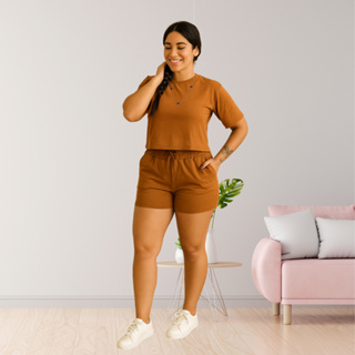 Conjunto Feminino Short c/ Bolso e Blusa Cropped c Manga Moletinho Casual Confortável Moda Verão em Oferta na Shopee