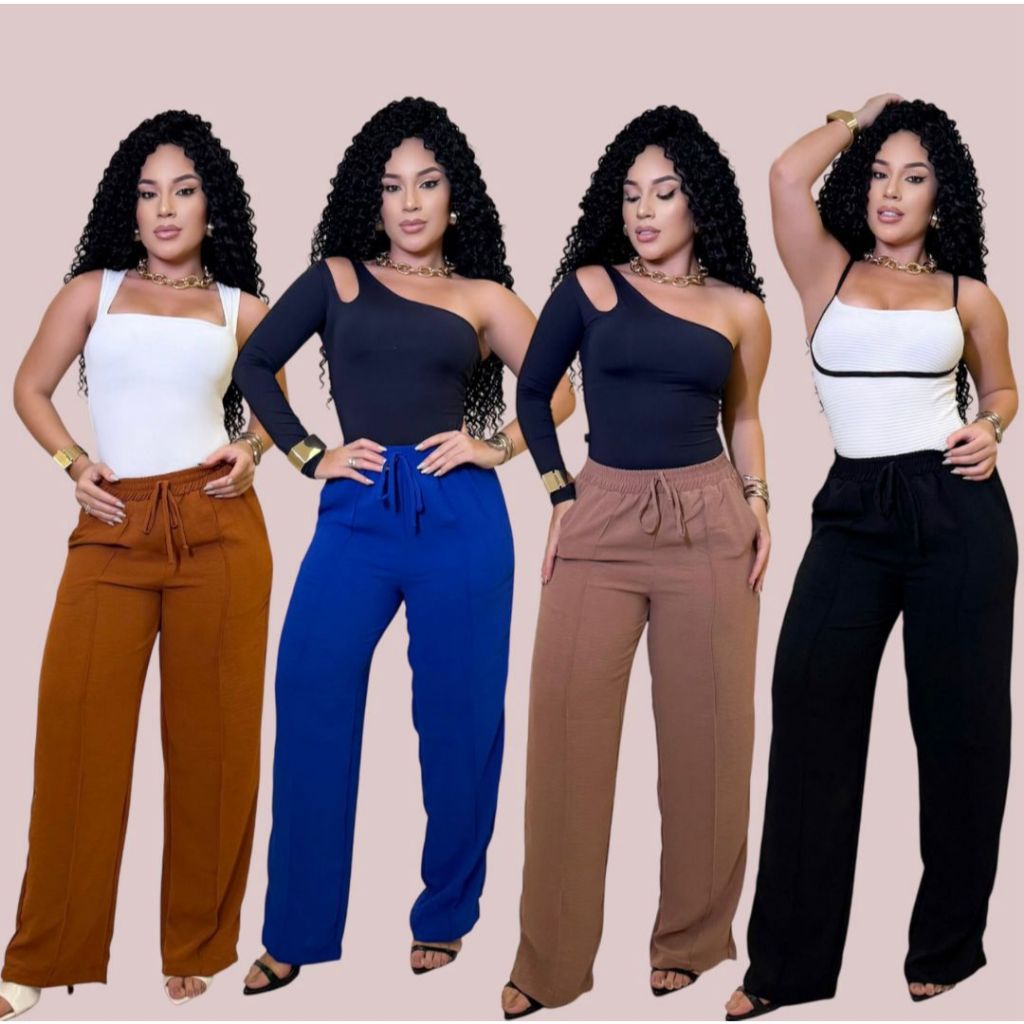 Calça Pantalona alfaiataria Feminina com bolso cintura alta tecido Duna