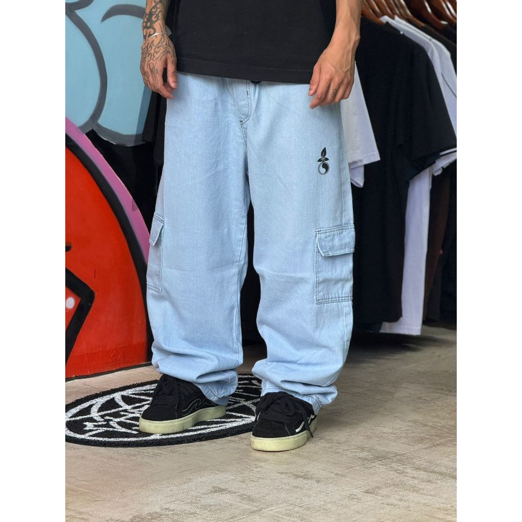 calça cargo jeans claro baggy larga yin yang balao promocao premium lancamento skate sow