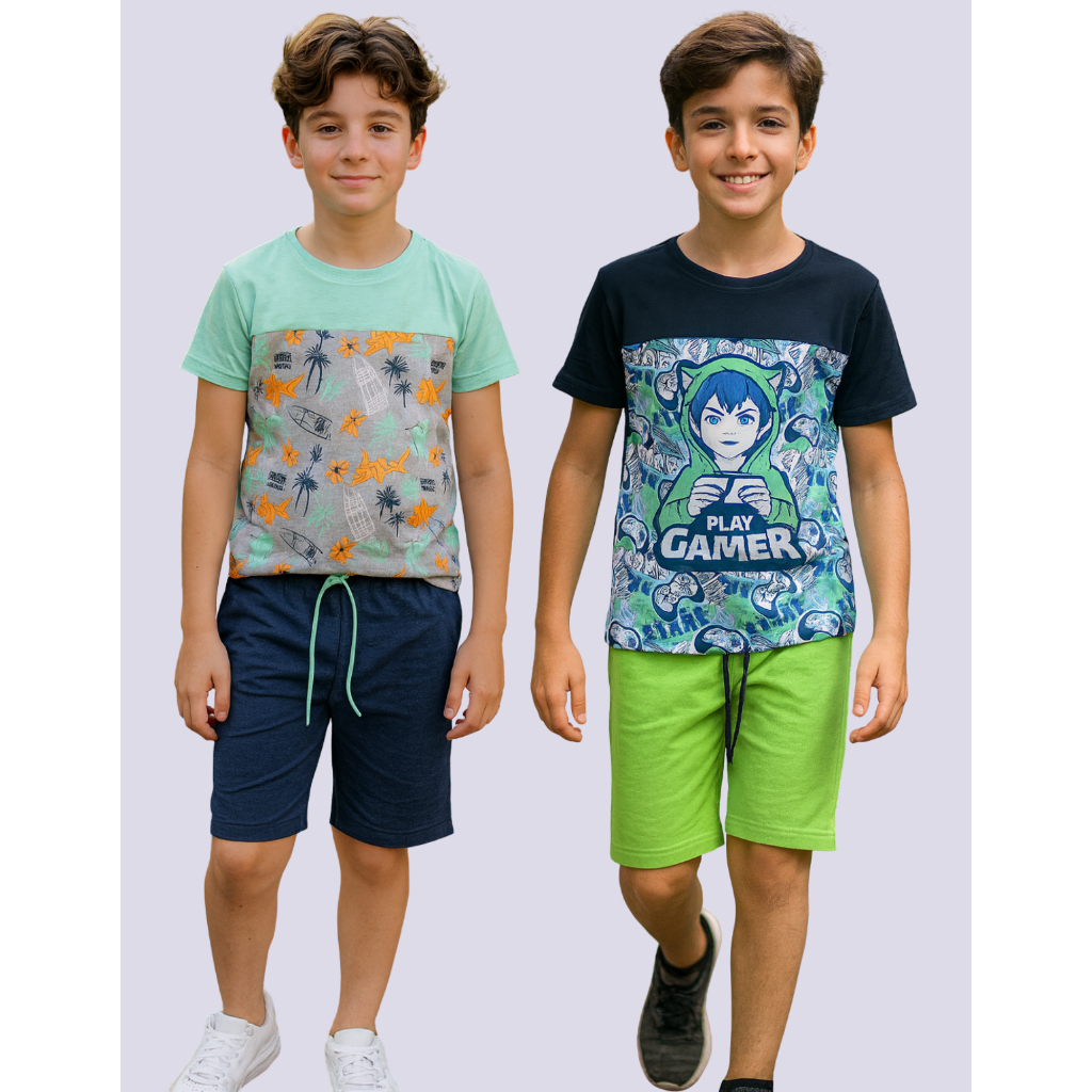 Kit 2 Conjunto Juvenil 10 ao 16 Blusa Algodão Short Liso Fresquinho Camiseta Moda Verão
