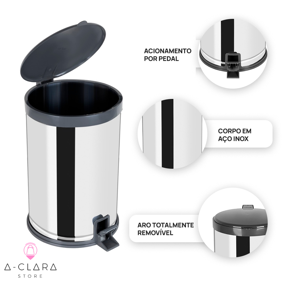 Lixeira Inox 15 Litros com pedal e Tampa Banheiro Cozinha cesto de lixo 15L