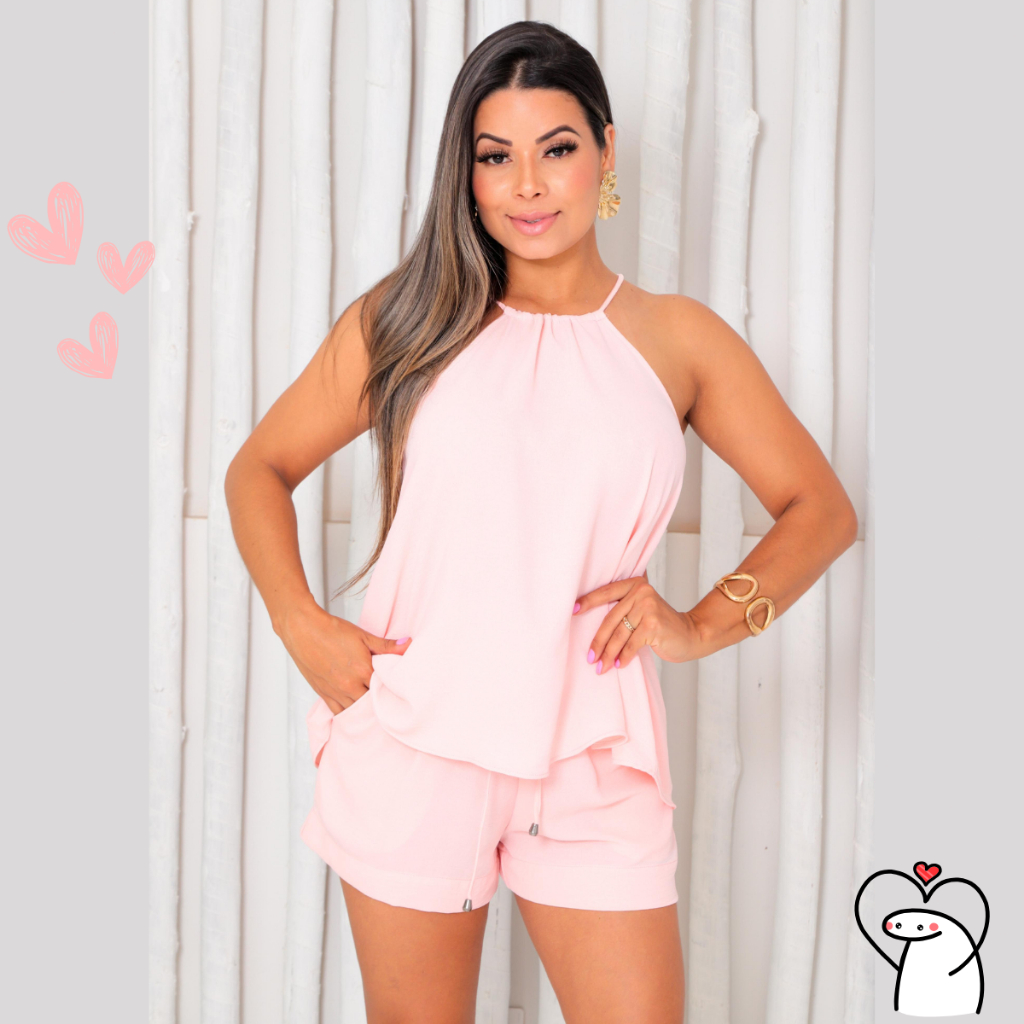 Conjunto Feminino Verão Shorts Forrado  c/ Bolso e Blusa Soltinha de Alcinha | Cores Vibrantes em Oferta na Shopee