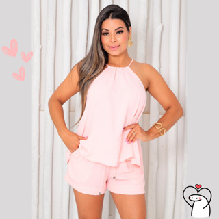 Conjunto Feminino Verão Shorts Forrado  c/ Bolso e Blusa Soltinha de Alcinha | Cores Vibrantes em Oferta na Shopee