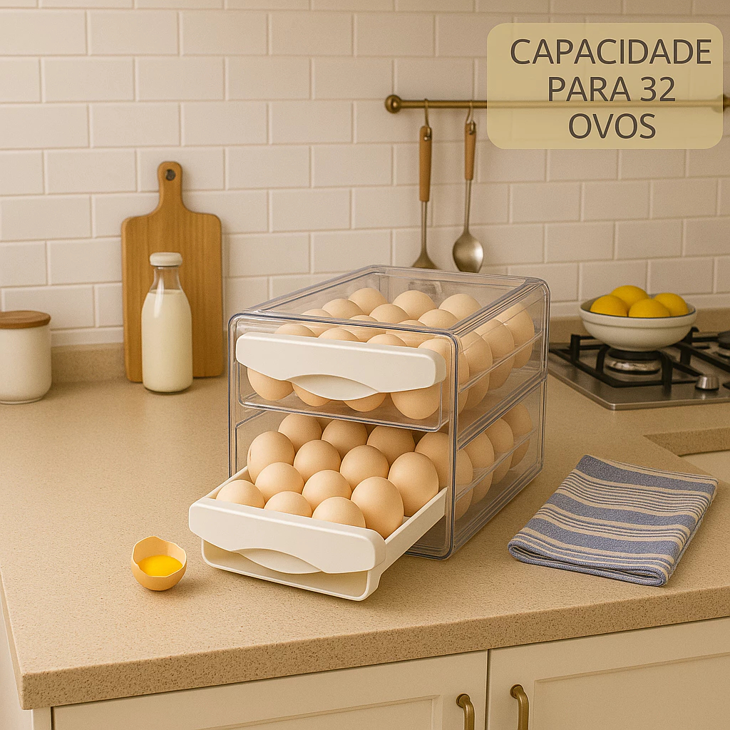 Gaveteiro Duplo em Plástico Tipo Porta 32 Ovos para Cozinha Geladeira