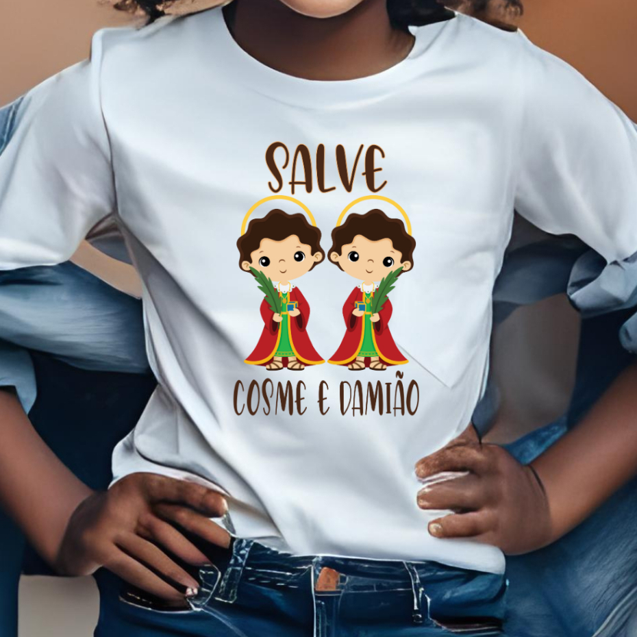 Camiseta Infantil SALVE COSME DAMIÃO  [est.1] Santo Católico  São Cosme e Damião Fé Religião ZLprint