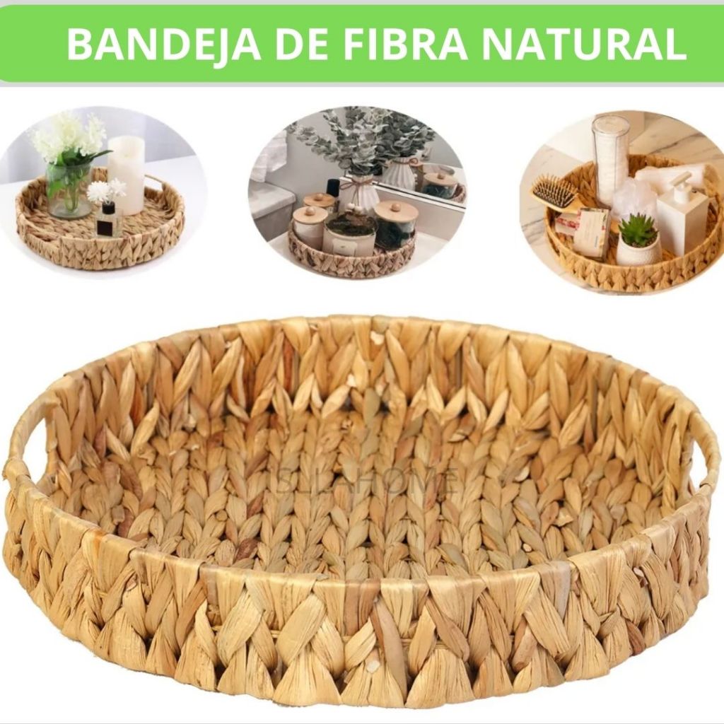 Bandeja Redonda em Fibra Natural com Alça - 2 tamanhos em Oferta na Shopee