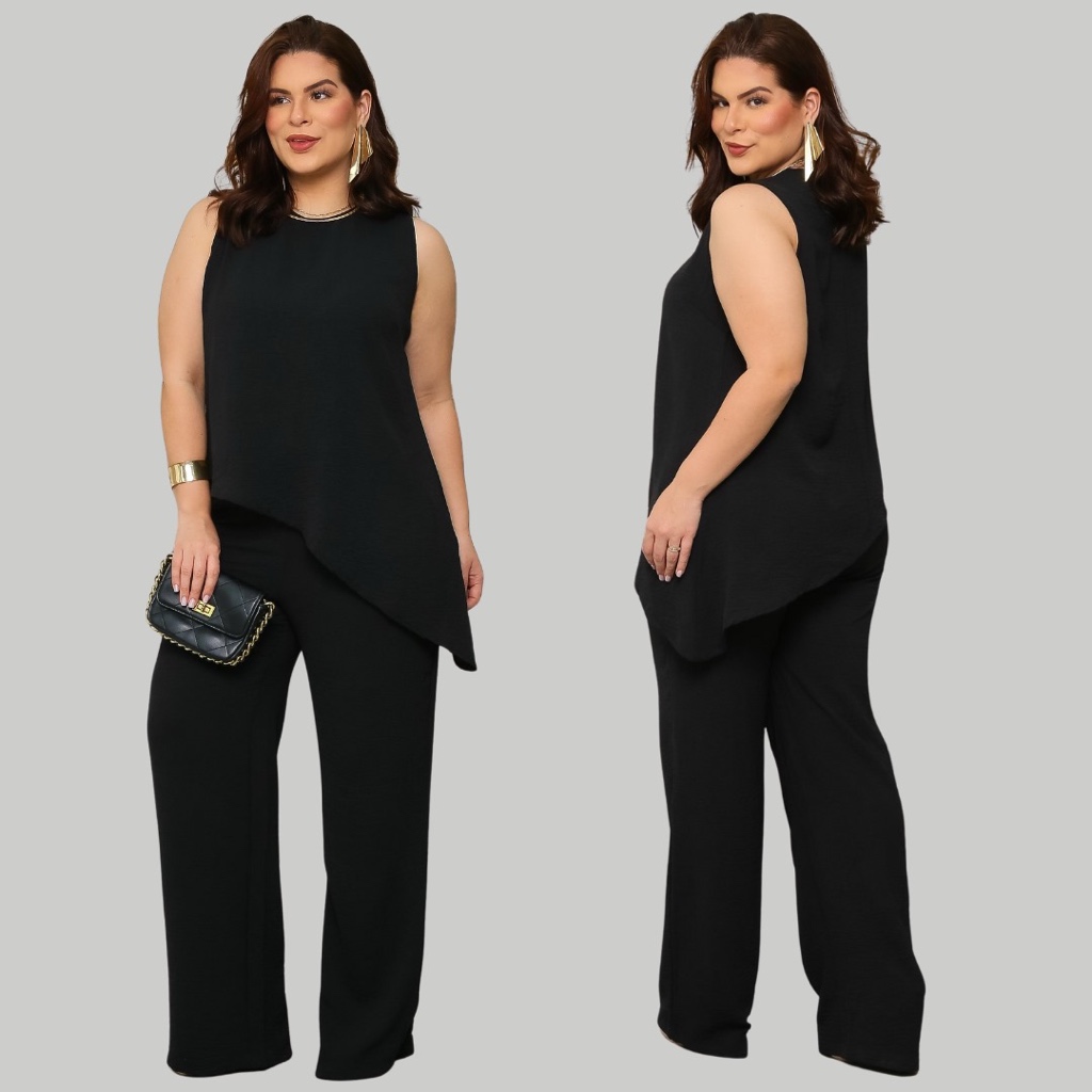 Conjunto Feminino Plus Size 2 Peças Blusa Regata Com Bainha Assimétrica e Calça Pantalona Reta Bolso