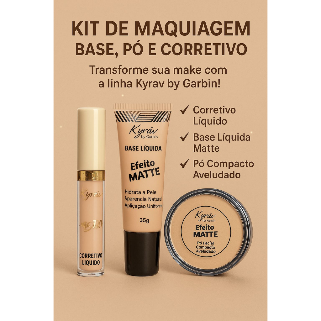 Kit de Maquiagem Pó Compacto, Base e Corretivo