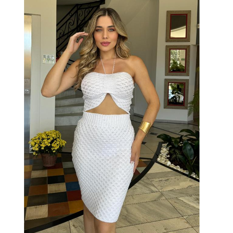 Conjunto Feminino Tricot Modal Saia Top Cropped Tricô Elegante Tendência Verão