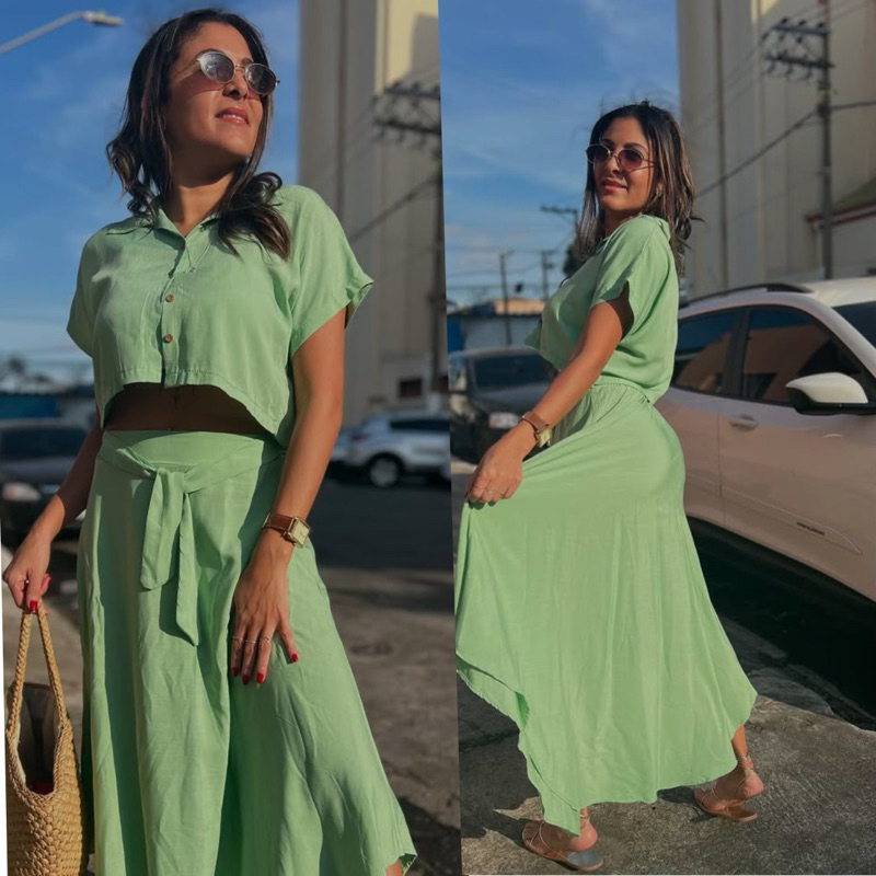 Conjunto Feminino Dandara Cropped e Saia Longa Gode Cinto