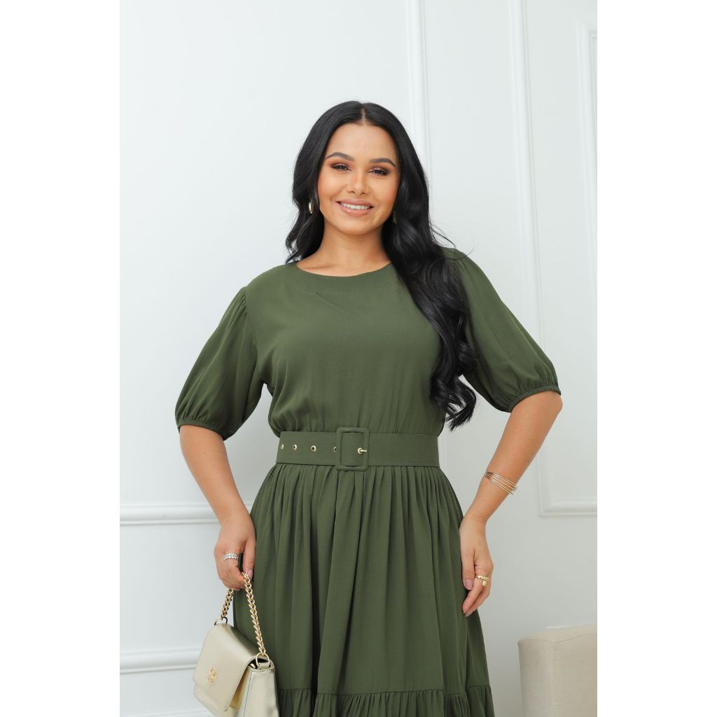 Vestido Verde Militar Lary em Viscolinho Feminino Casual e Social
