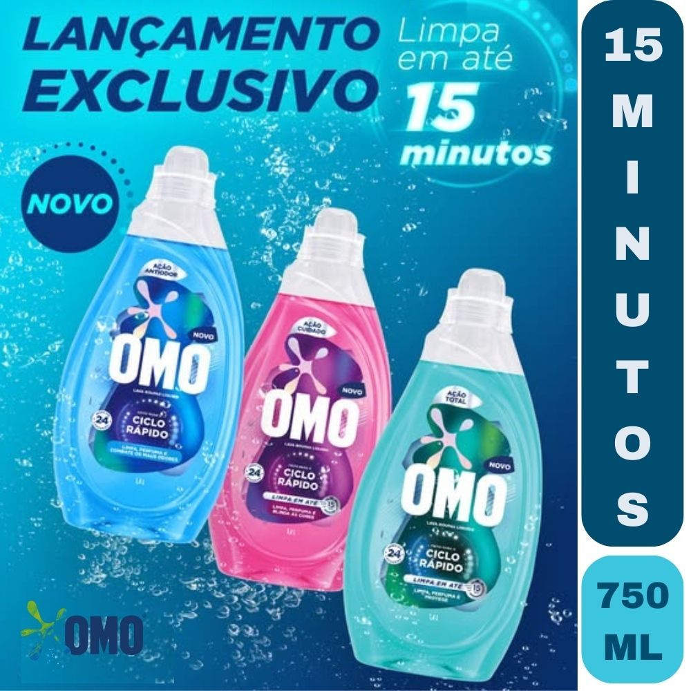 Novo Lava-Roupas Omo Líquido Ciclo Rápido Lava e Perfuma em 15 Minutos Frasco 750ml