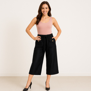 Calça Pantacourt Feminina Social Jacquard com Cinto e Bolsos Elegante em Oferta na Shopee