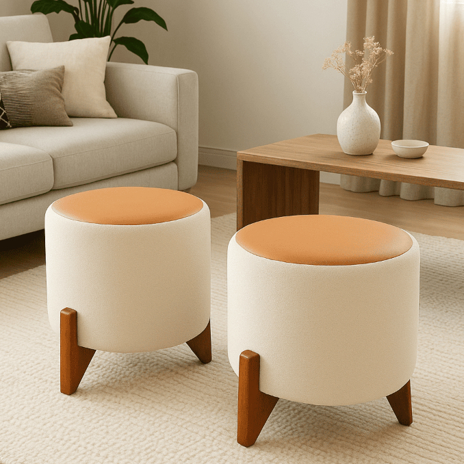 Kit 2 Puffs Ravi Boucle Luxo Banqueta Assento Elegante com Couro e Pés de Madeira para Sala e Quarto - Cores