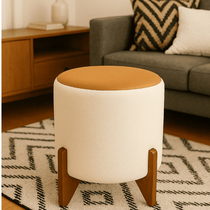 Puff Ravi Boucle Luxo Banqueta Assento Elegante com Couro e Pés de Madeira para Sala e Quarto - Cores