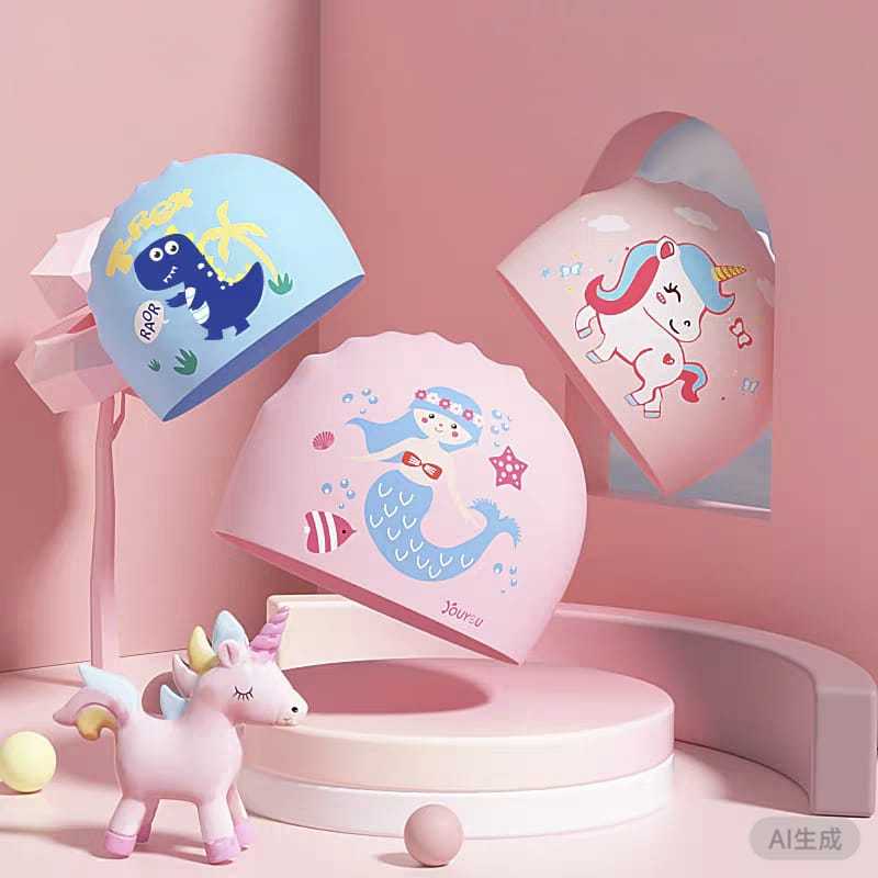 Touca de natação infantil de silicone com desenho animado , Proteção De Ouvido À Prova D'água Meninos E Meninas