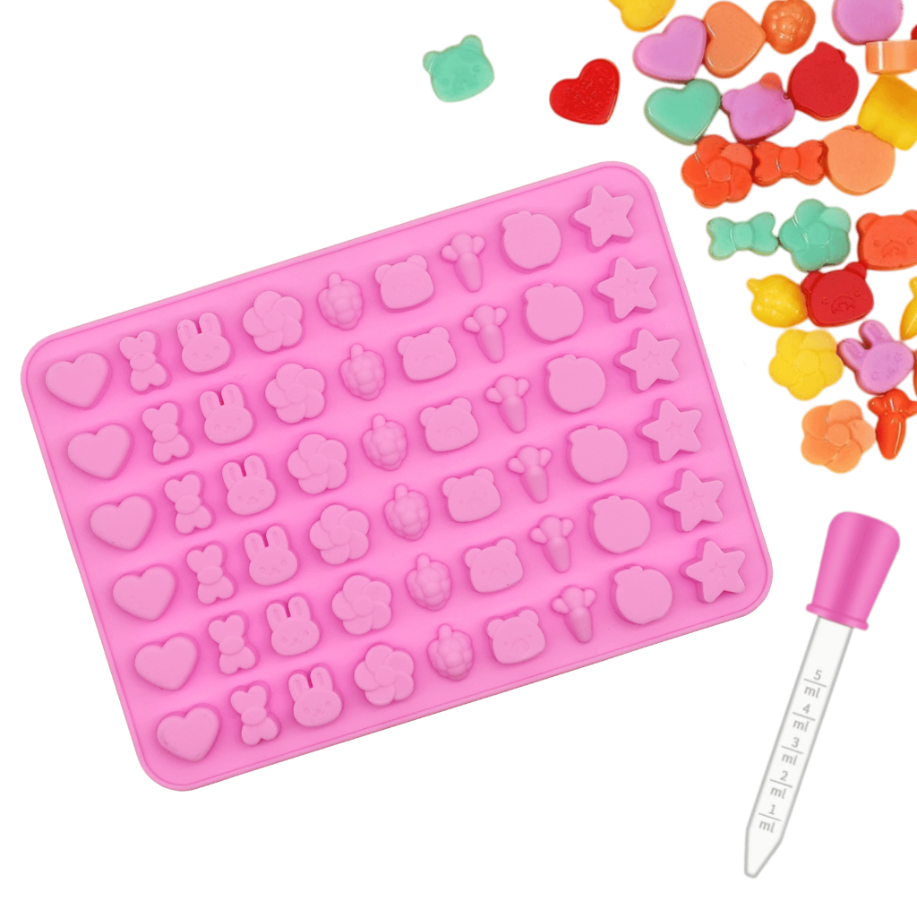Molde de Silicone Mini Animais e Frutas para Bala Fini Com Conta Gotas 54 Cavidade Forma Goma Doce
